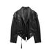 Trendy Faux Leather Belted Jacket For Women - V-Neck, Long Sleeve, Streetwear Chic (XS/S/M/L, Black & Dark Brown)_ecoleips.com