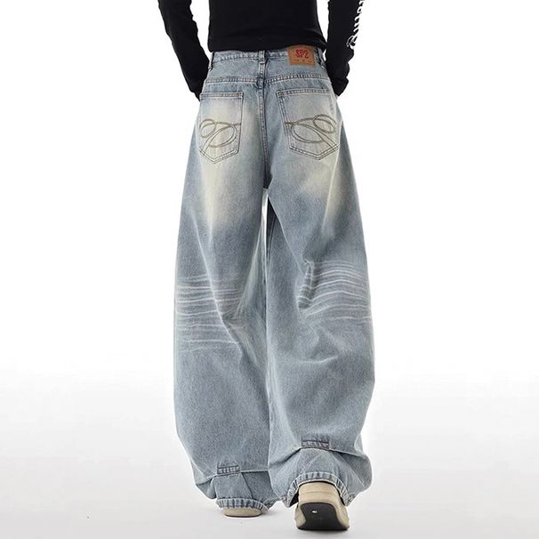 Women's Blue Wide Leg Jeans Loose Straight Leg Pants Versatile Embroidered Plus Size Regular Thickness Autumn Winter Style_ecoleips.com