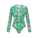 Women's Green Printed Long Sleeve Swimsuit Zipper Surf Suit One-Piece Swimwear_ecoleips.com