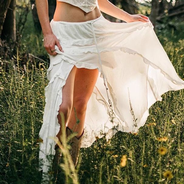 Women's Clothing Irregular Design White Skirt Holiday Style Slit Ruffle Fashion Long Skirt_ecoleips.com