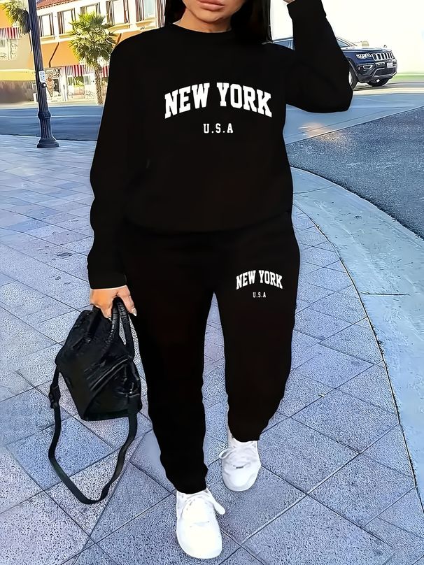 Women's Autumn/Winter Hip Hop Casual Street New York Letter Printed Round Neck Sweatshirt+Sweatpants Warm Set-646_ecoleips.com