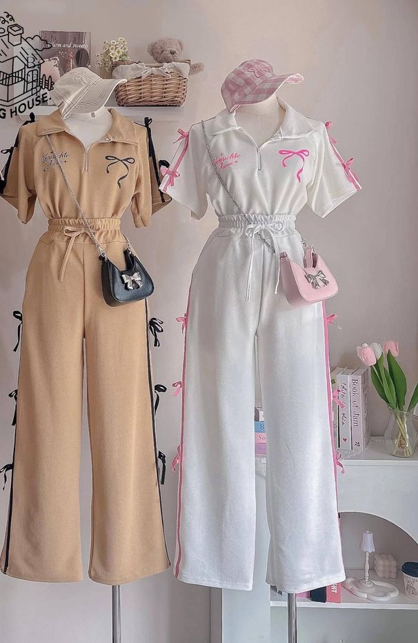 Women's Clothing Sweet Style Bow Print Polo Shirt And Wide Leg Trousers Two-Piece Set Short Sleeve Casual Summer Outfit_ecoleips.com