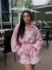 Women's Elegant Puff Sleeve Blouse & Floral Print Shorts Set – 2025 Summer Trendy Outfit (Pink/Blue, S/M/L/XL/XXL)_ecoleips.com