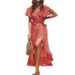 European Collection 2022 Summer Sexy V-neck Asymmetrical High-waisted Tie-up Flutter Sleeve Chiffon Printed Dress_ecoleips.com