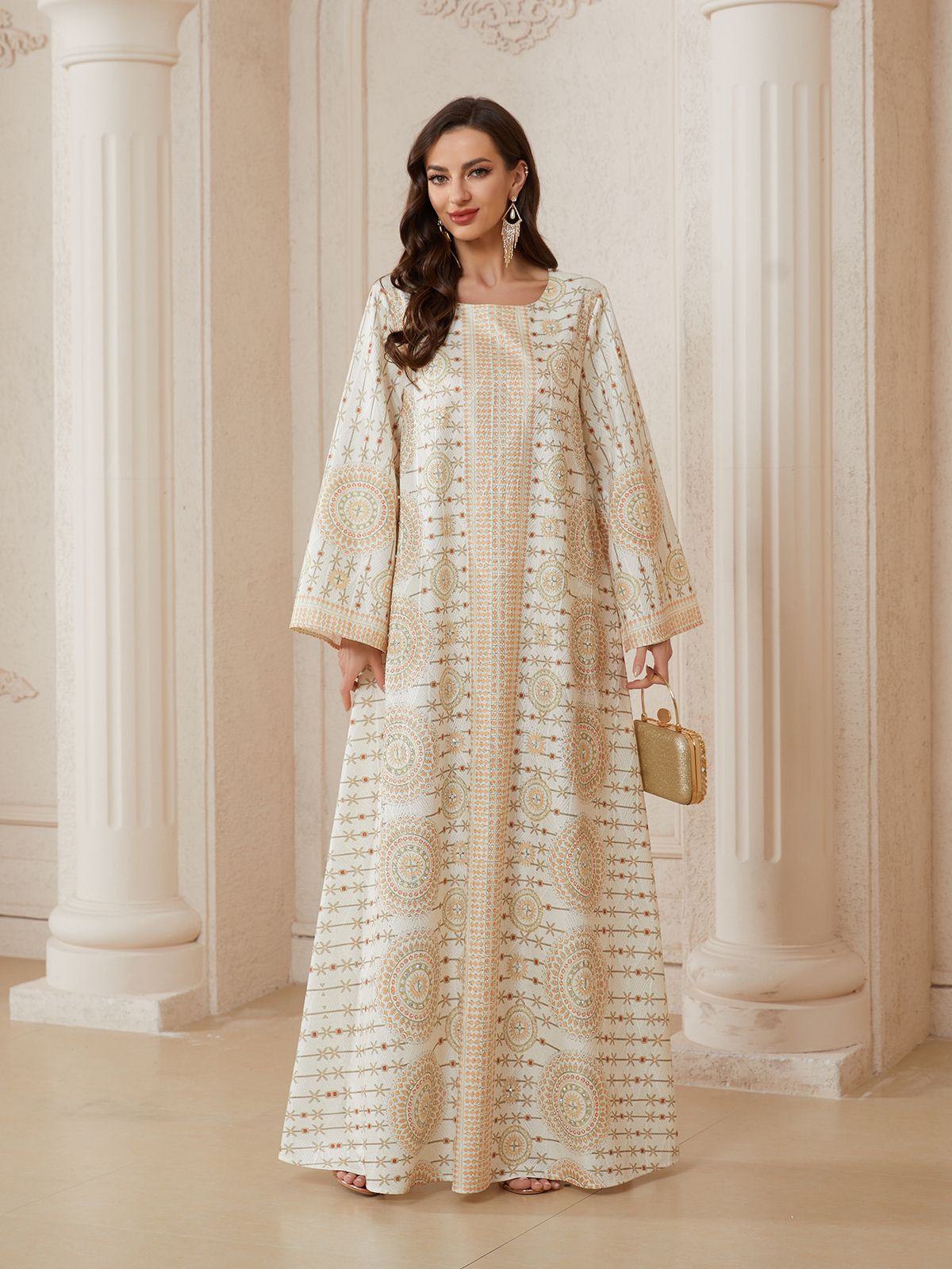 NT11 Women's Elegant round Neck Dress Rhinestone Print Ethnic Jacquard Robe Cross Border Fashion for Ladies_ecoleips.com