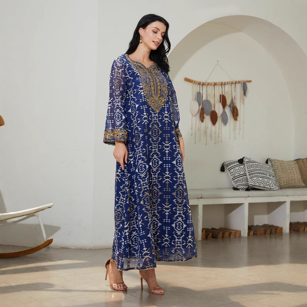 Modest Abaya Dress Middle Eastern Women's Embroidered Mesh Patchwork Abaya Muslim Fashion Dress Polyester_ecoleips.com