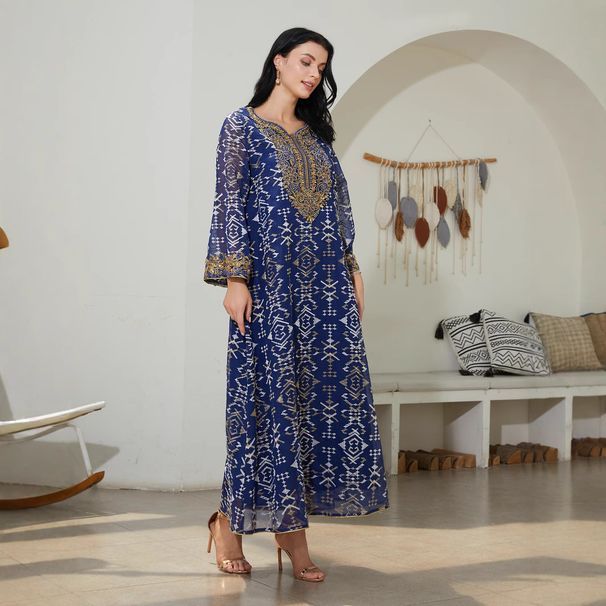 Modest Abaya Dress Middle Eastern Women's Embroidered Mesh Patchwork Abaya Muslim Fashion Dress Polyester_ecoleips.com