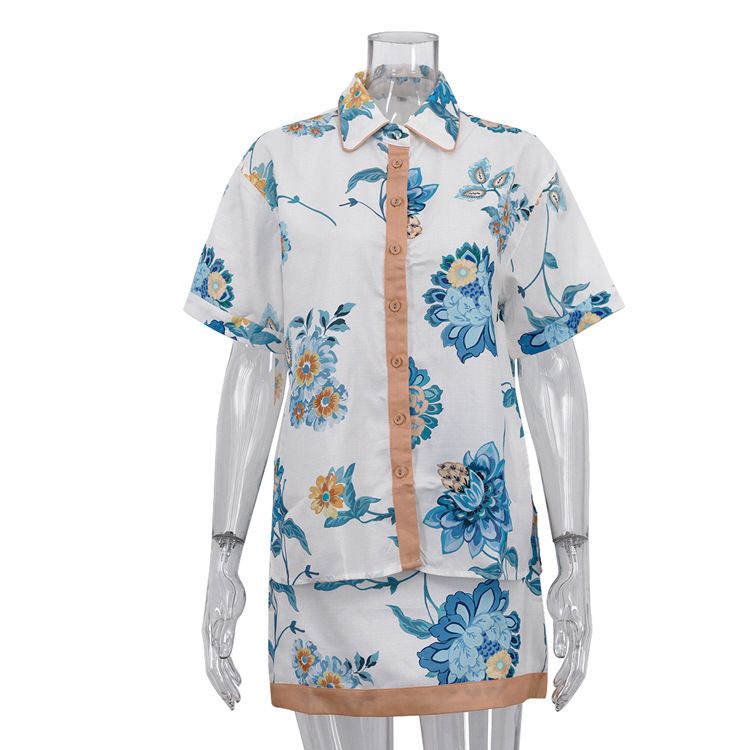 Women's Digital Print Midi Skirt Set Bodycon Two Piece Outfit With Collared Cardigan And Short Sleeve Top For Spring/Autumn Summer_ecoleips.com