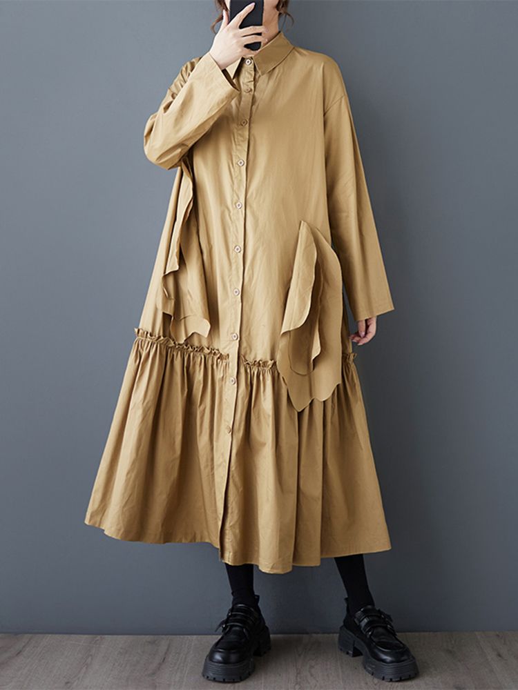 2025 Spring Autumn New Black Vintage Pleated Shirt Dresses For Women Ruffles Long Sleeve Loose Casual Dress Fashion Clothing_ecoleips.com