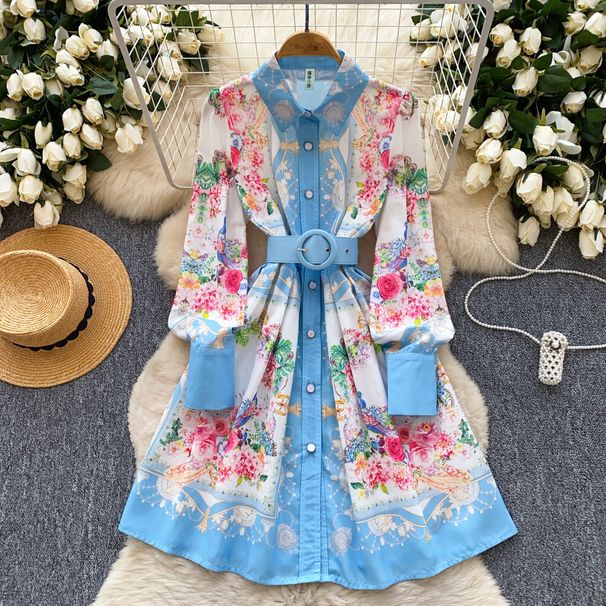 Women's Clothing Retro Lapel Long Sleeve Single Breasted Waist Slim Print A Line Shirt Dress_ecoleips.com
