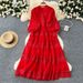 Women's Clothing V-neck Lace Stitching Waisted Long-sleeved Dress_ecoleips.com