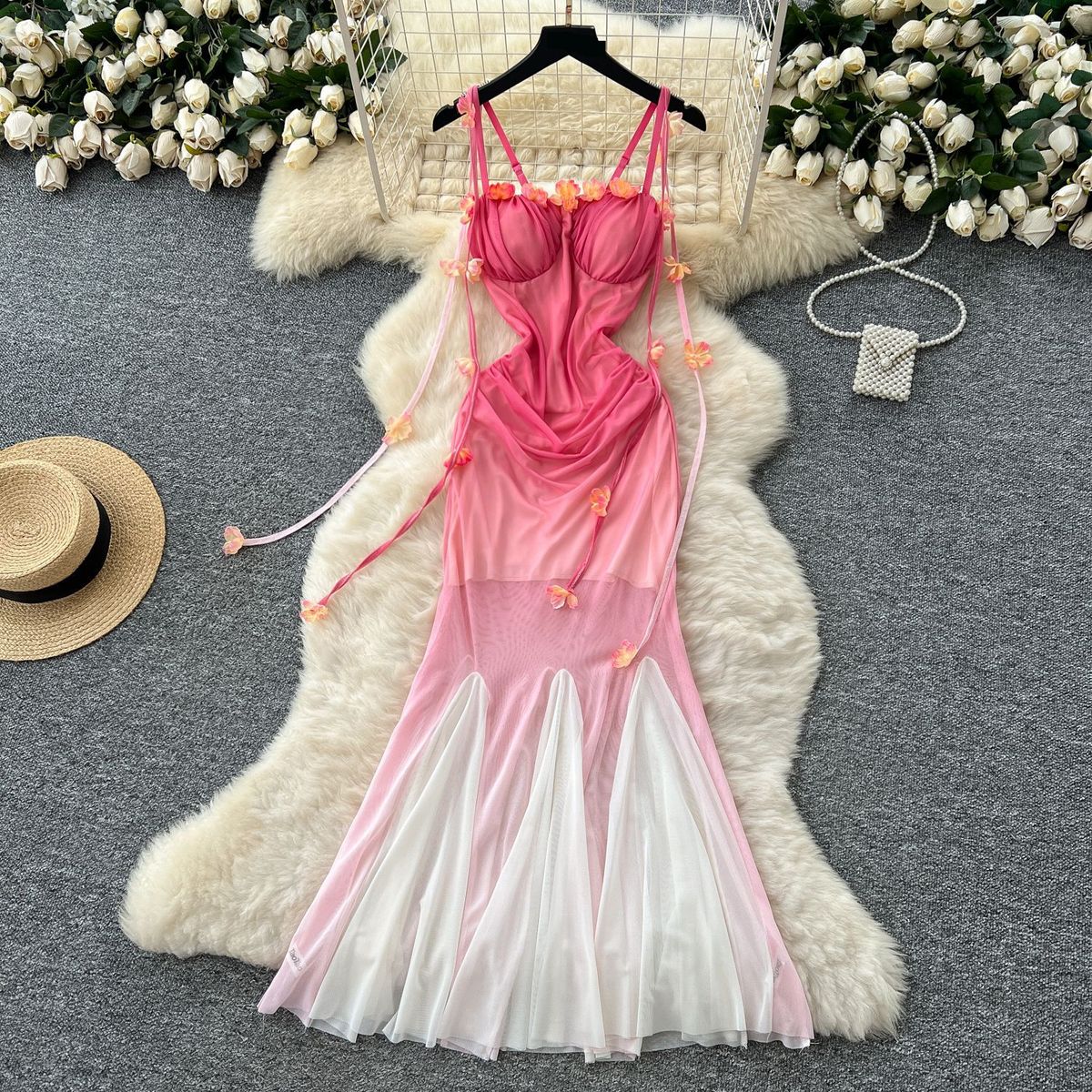 Women's Clothing Summer Pure Desire Three Dimensional Flower Ribbon Waist Tube Top Gradient Color Long Dress_ecoleips.com
