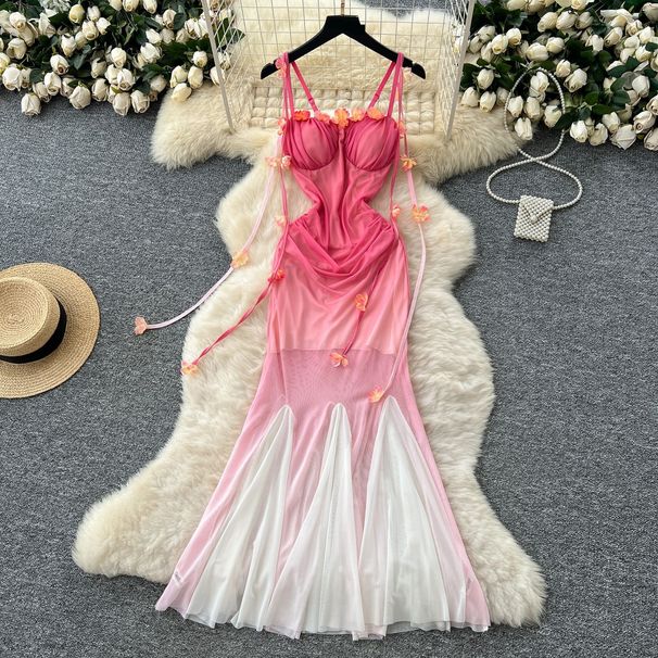 Women's Clothing Summer Pure Desire Three Dimensional Flower Ribbon Waist Tube Top Gradient Color Long Dress_ecoleips.com