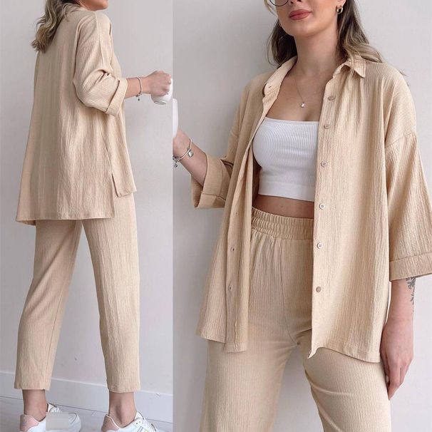Women's High-Rise Palazzo Pants And Blouse Set Stretch Waist Trousers with 3/4 Sleeve Top Khaki Black Green M-XXL 70% Polyester_ecoleips.com