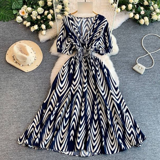 Women's French Style Crossover V Neck Dress Slimming Geometric Print Long Dress With Elastic Waist For Summer_ecoleips.com