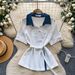 Women's Clothing Women's Style Loose Breathable Shirt Peter Pan Collar Lace Patchwork Design Short Sleeved Waist Cinching Top For Commuting_ecoleips.com