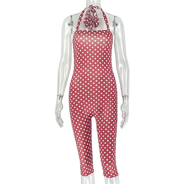 European And American Style Fitted Sexy Women's Tank Top Fashion Print Jumpsuit With One-Shoulder Round Dot Design_ecoleips.com