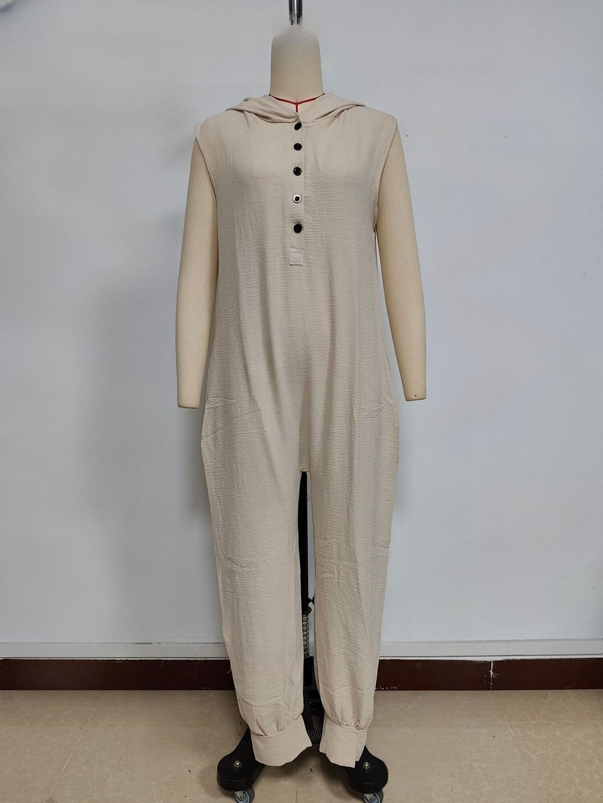 K Women's Buttoned Hooded Sleeveless Pants Jumpsuit_ecoleips.com