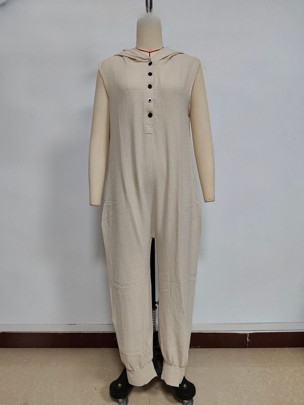 K Women's Buttoned Hooded Sleeveless Pants Jumpsuit_ecoleips.com