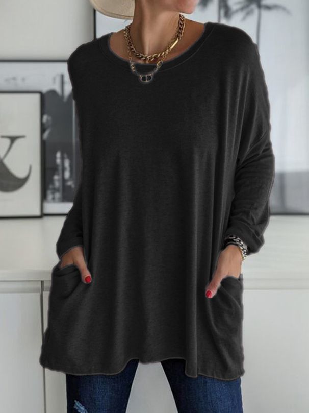 2026 Wish Spring Summer New European American Round Neck Long Sleeve Loose Pocket Solid Color T-Shirt Casual_ecoleips.com