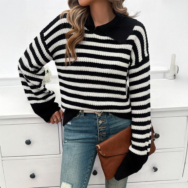 DiYun European And American Casual Simple Style Striped Turn-Down Collar Women's Sweater 2025 Spring/Summer_ecoleips.com