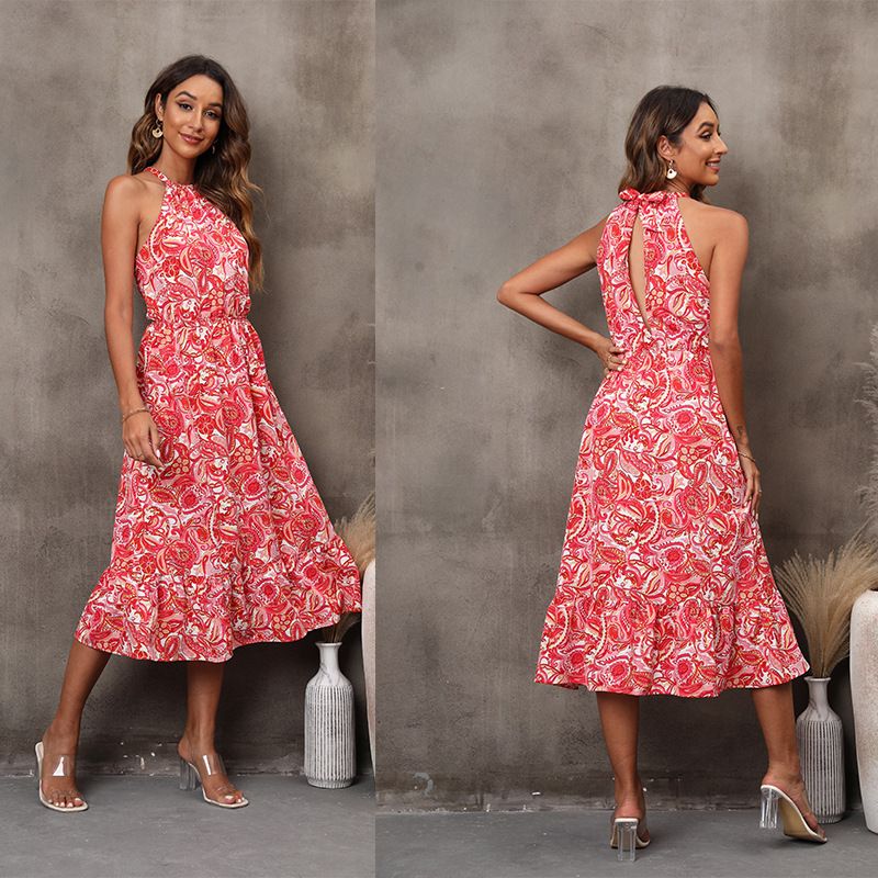 European American Cross-border Spring Summer New Women's Fashion Sleeveless Halter Neck Floral Dress For Wish And_ecoleips.com