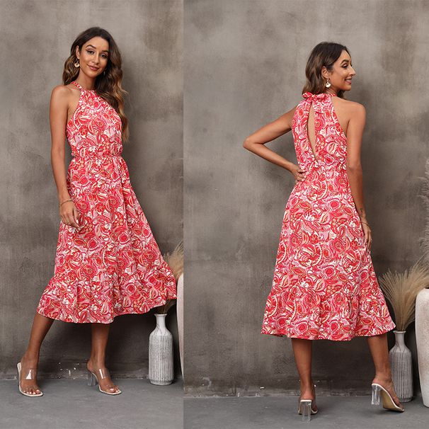 European American Cross-border Spring Summer New Women's Fashion Sleeveless Halter Neck Floral Dress For Wish And_ecoleips.com