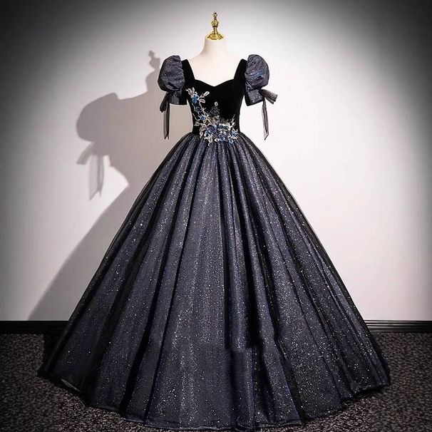 Women's Clothing Evening Dress Black Heavy New Puff Sleeve Vocal Art Examination Performance Host Dress_ecoleips.com