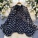 Women's Clothing Top Blouse New Fashion Bow Tie Lantern Sleeve Polka Dot Shirt_ecoleips.com
