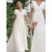 Women's Clothing Elegant Lace Trim Chiffon V-Neck A-Line Long Dress – Wedding Guest Dress, Evening Gown (White, S/M/L/XL)_ecoleips.com