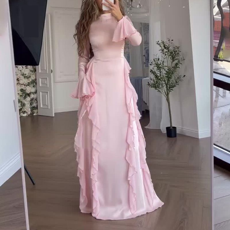 Elegant High Waist Flare Sleeve Lace Trim Dress - Fall Women's Office & Party Flowy Midi Dress With Round Neck, Stretchy Polyester, Wrinkle-Free_ecoleips.com