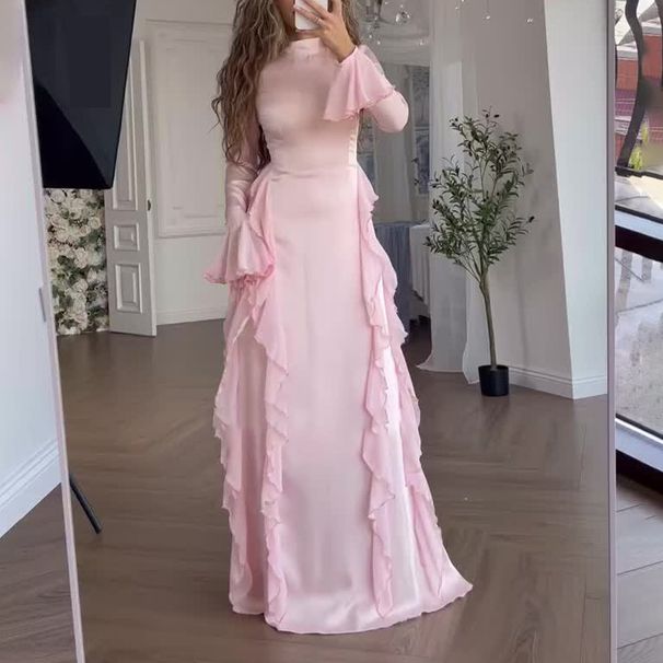 Elegant High Waist Flare Sleeve Lace Trim Dress - Fall Women's Office & Party Flowy Midi Dress With Round Neck, Stretchy Polyester, Wrinkle-Free_ecoleips.com