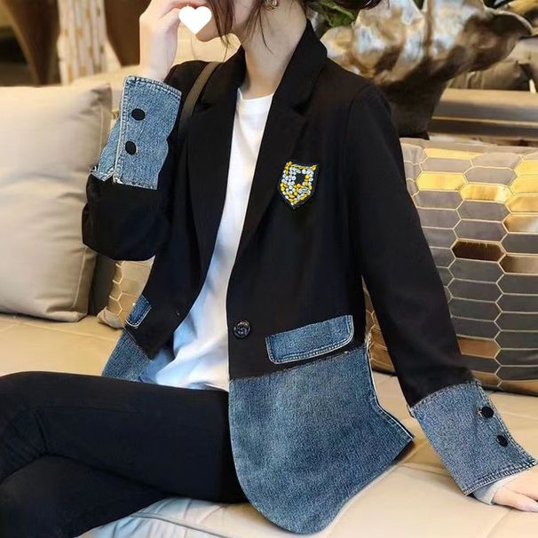 Women's Clothing Small Suit Women's Jacket New Korean Version Of The British Style Denim Niche Leisure Temperament Splicing Suit Small_ecoleips.com