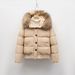 Women's Short Puffer Jacket With Fox Fur Hood - Thickened Loose Fit Winter Coat, Duck Down Filling, Nylon Shell, Black & Khaki_ecoleips.com