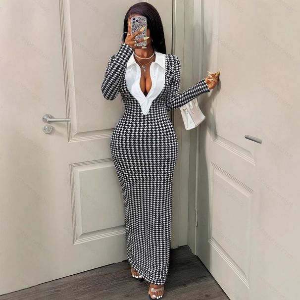 "Elegant Houndstooth Patchwork Dress For Women - Slim Fit Long Sleeve Dress With Puff Sleeves, Autumn & Winter Fashion"_ecoleips.com