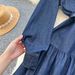 Elegant High-Waisted Denim Dress For Women - Fall A-Line Midi Dress With Belt & Polo Collar_ecoleips.com