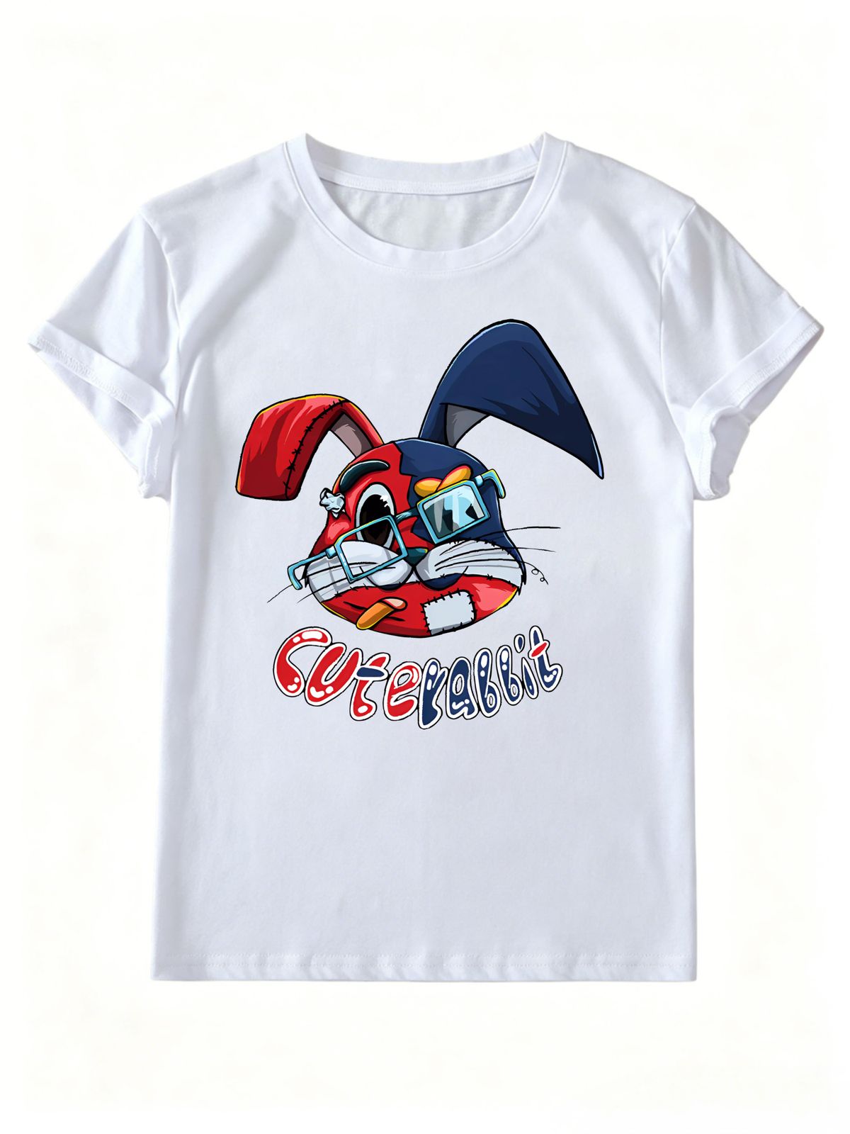 Women Hip Hop Patchwork Glasses Rabbit Cuterabbit Letter Graphic T Shirt Round Neck Short Sleeve Loose Streetwear Summer Tops_ecoleips.com