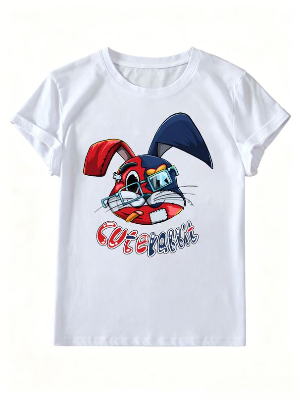 Women Hip Hop Patchwork Glasses Rabbit Cuterabbit Letter Graphic T Shirt Round Neck Short Sleeve Loose Streetwear Summer Tops_ecoleips.com