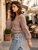 Dusty Purple V Neck Pit Rib Knit Jumper, Loose Hollow Breathable Soft Skin-touch Lantern Long Sleeve Sweater_ecoleips.com