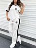 Women's Simple Sport 2-piece Set, Classic Print Colorblock Tee & Stretch Knit Side-stripe Drawstring Wide Leg Pants For Spring Summer Commute & Gym_ecoleips.com
