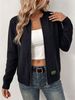 Solid Black Zip Up Crew Neck Pit Rib Knit Cardigan, Loose Lightweight Breathable Soft Skin-touch Long Sleeve Pocket Jacket_ecoleips.com