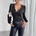 In-stock European American Cross-border 2026 Spring-summer New Women's Solid Color V-neck Lace Splicing T-shirt With_ecoleips.com