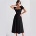 2026 European And American Summer High-Waisted Women's Slimming Elegant Puff Sleeve Tie-Waist Short-Sleeve Dress_ecoleips.com