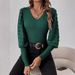 Elegant Ribbed V Neck Chiffon Patchwork Long Sleeve Solid Color T Shirt Women's Slim Fit Top with Lantern Sleeves_ecoleips.com