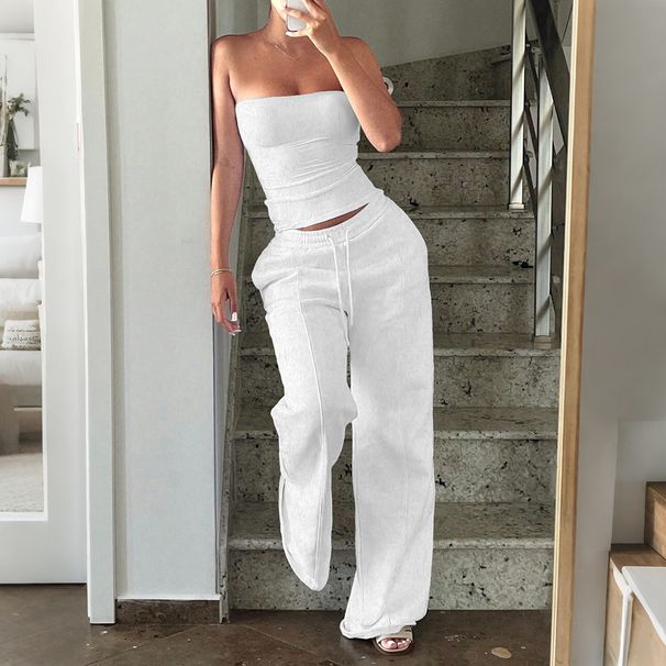 Women's Strapless Vest Top And Casual Trousers Set American Style Summer Vacation Spring Autumn Clothing_ecoleips.com