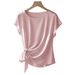 Women's Bow Tie Short Sleeve T-Shirt - Solid Color Loose Fit Blouse For Casual Style_ecoleips.com