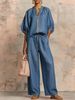 Summer Women's Wide Leg Pants Set Casual Loose Fit Solid Color Zipper Round Neck Top And Bottoms Ensemble_ecoleips.com