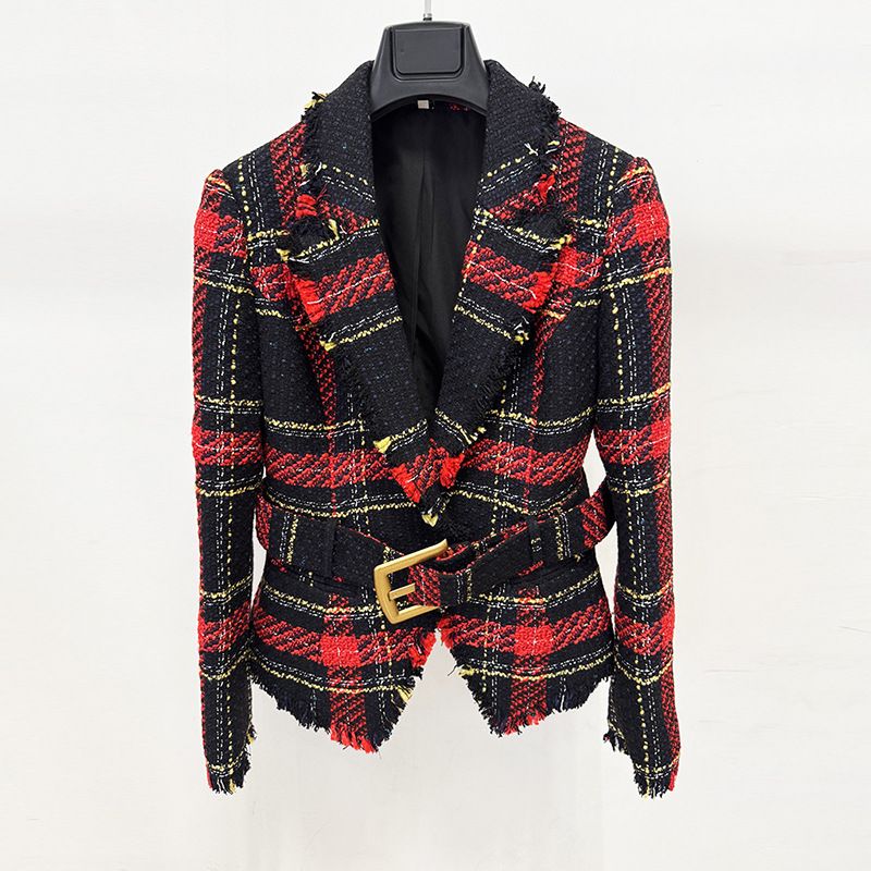 Women's Checkered Tweed Belted Blazer – Slim Fit Spring Jacket With Lapel Collar & Long Sleeves, Office-to-Dinner Elegant Coat_ecoleips.com