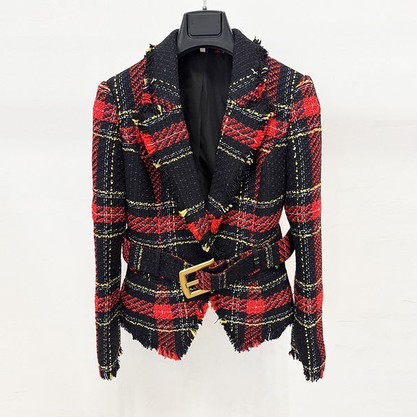 Women's Checkered Tweed Belted Blazer – Slim Fit Spring Jacket With Lapel Collar & Long Sleeves, Office-to-Dinner Elegant Coat_ecoleips.com