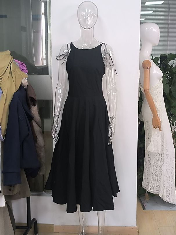Black Sleeveless Waist Pendulum Dress Temperament Commuter Medium Long Dress For Women Elegant Daily Wear Party Outfit_ecoleips.com